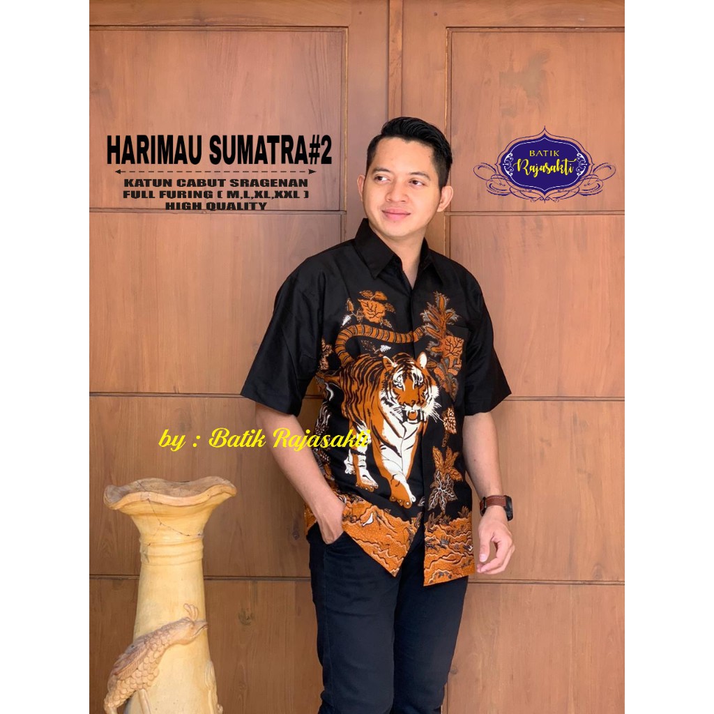 HARIMAU SUMATERA 2  RAJASAKTI KEMEJA BATIK SOLO PRIA LENGAN PENDEK PANJANG LAPIS FURING ATASAN PREMIUM MODERN KATUN HALUS  BRAHMAKERTA BRAHMAKERTA MERAH BUDIDRAWA BULANAGA BUNGA KAPAS BUNGA MEKAR BURUNG KASUARI CODYAWACANI  COKLAT MANIS CONDONO KUNING