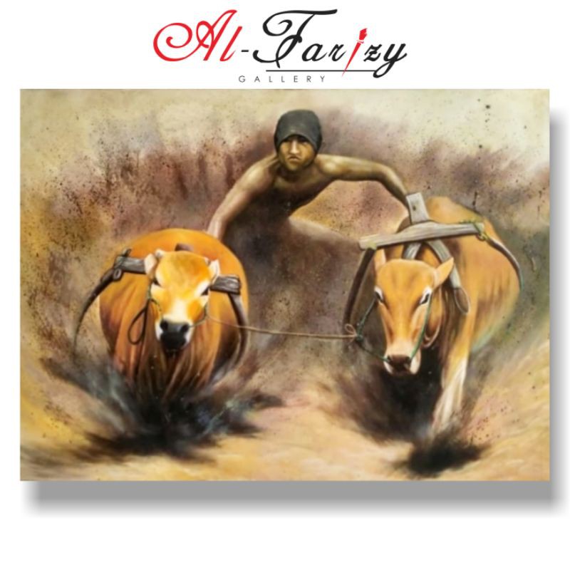 Lukisan Karapan Sapi Unik Minimalis Kanvas Ukuran 150x100 cm Lengkap dengan kayu penyangga