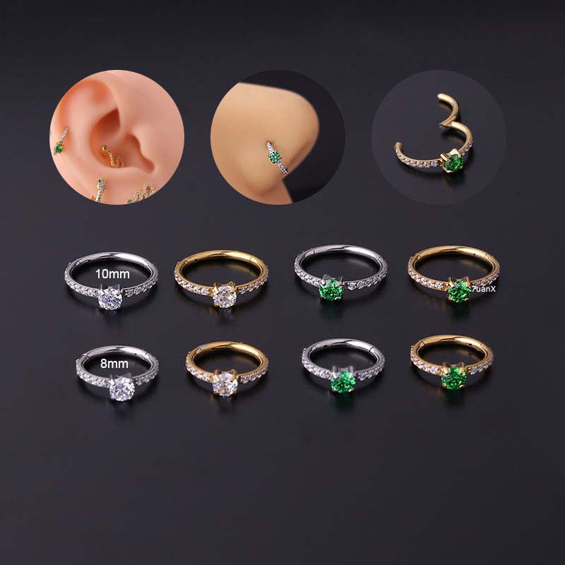 1 Pc Anting Tindik Hypoallergenic Bahan Titanium Steel Ukuran 8mm / 10mm Dengan Zircon 16Gauge