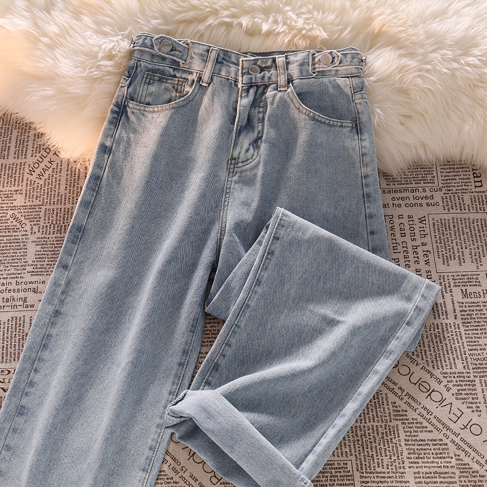 Biru Korea Highwaist Loose Kasual Celana Jeans Panjang Wanita(Pinggang bisa penyesuaian)