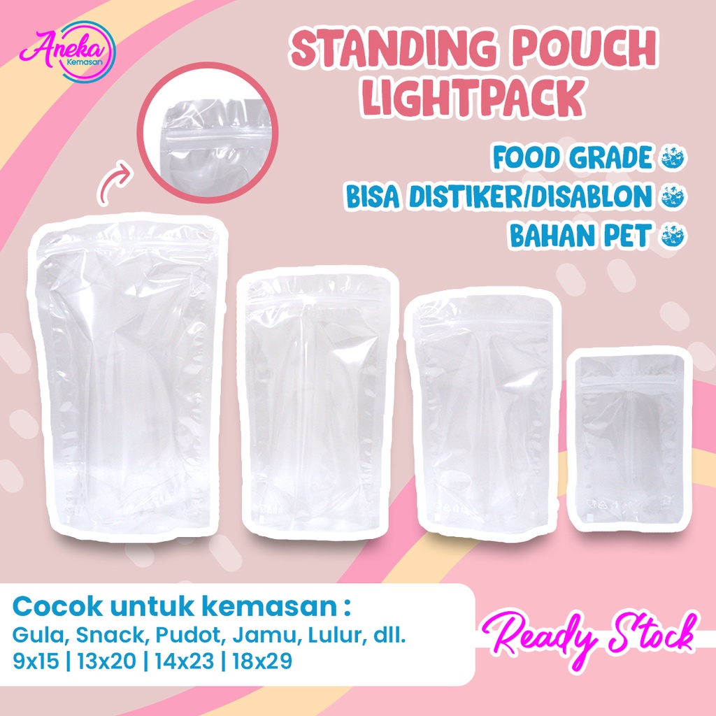 (1 PACK isi 100 PCS) Plastik Standing Pouch Jus Pudot Jamu Transparan Lightpack 9x15 13x20 14x23 18x