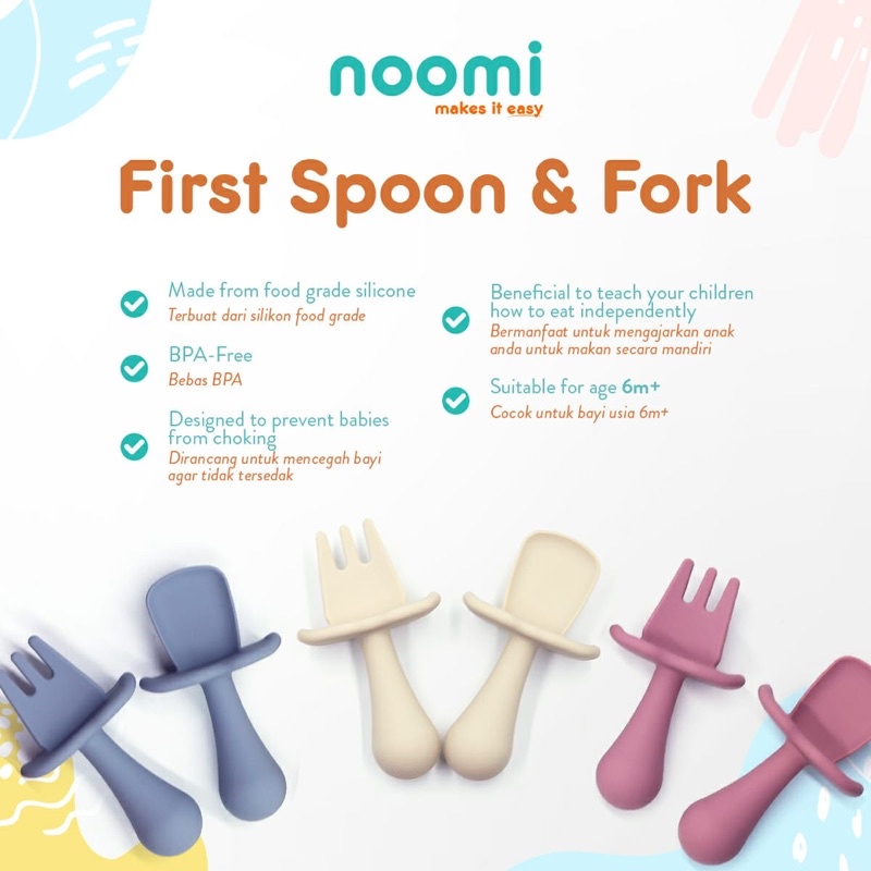 Noomi First Spoon Fork Baby Sendok Garpu Bayi Silikon + Stopper Anti Sedak Empuk Gigitan Bayi Teether Training Spoon Fork // Noomi Flexible Spoon Fork Kids Sendok Garpu Anak Sekolah