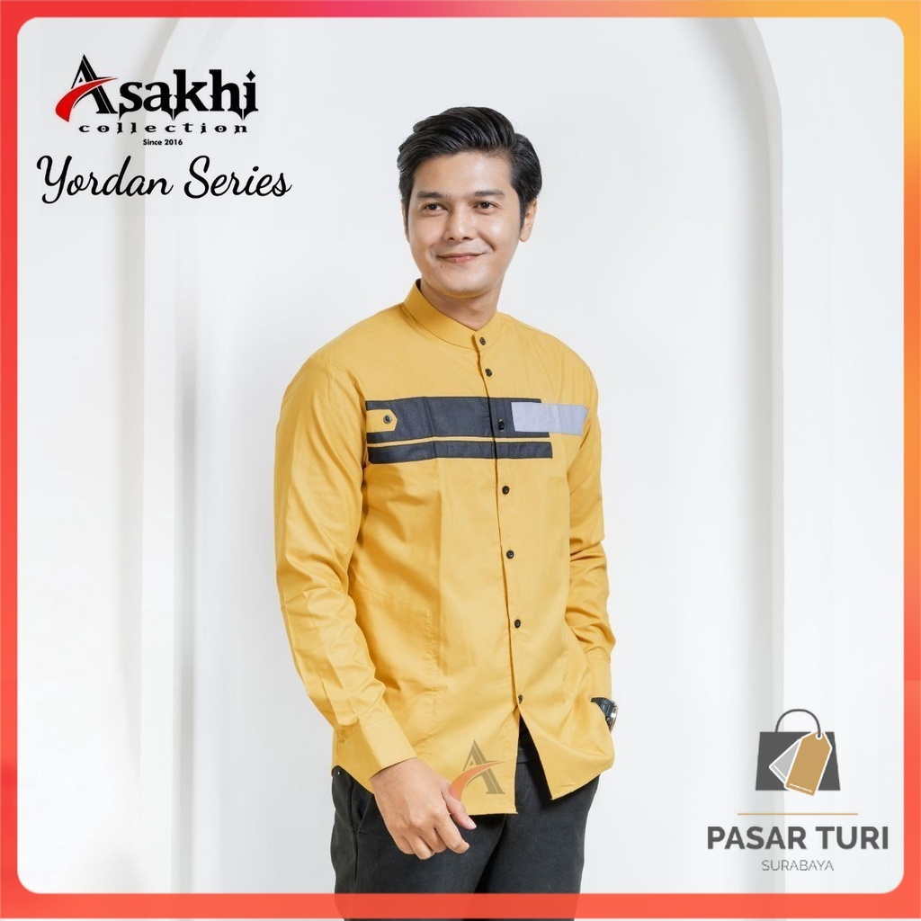 Asakhi Baju Koko Pria Lengan Panjang Motif Yordan Series Koko Muslim Hadroh Azzahir Warna Putih Crem