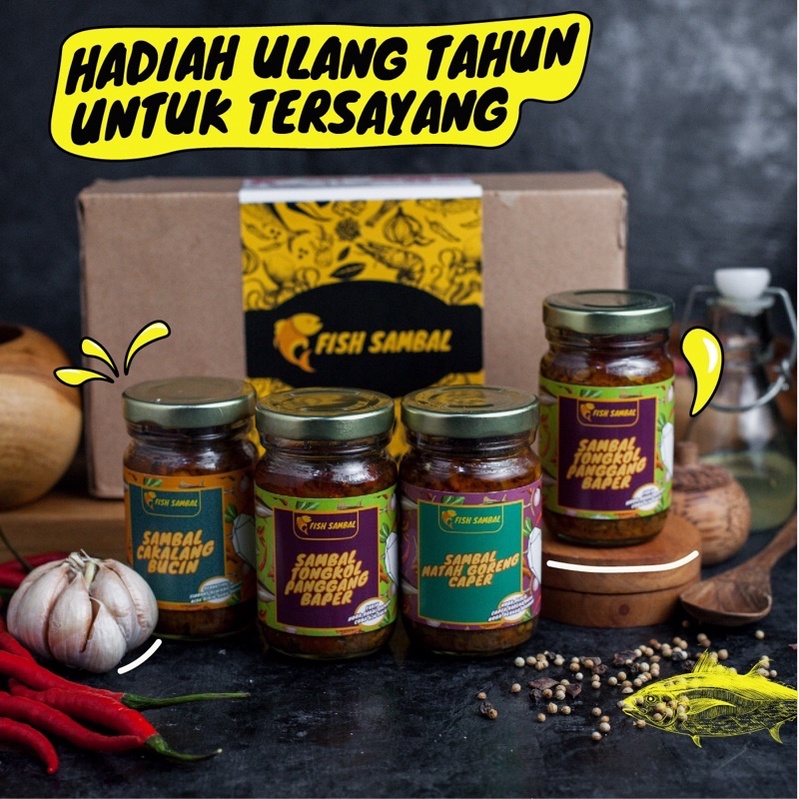 

Fish Sambal Couple Set | Isi 4 pcs dengan 3 varian Sambal Matah Goreng Caper, Sambal Tongkol Panggang Baper, Sambal Cakalang Bucin