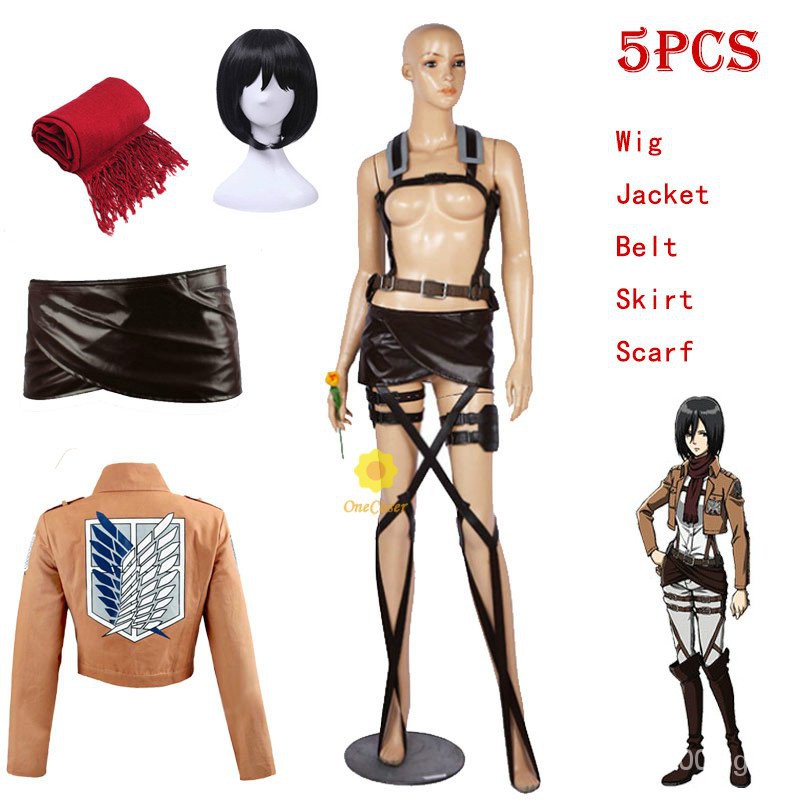 Anime Attack on Titan Mikasa Ackerman Cosplay Costume Set Wig Leather Shorts Harness Belt Apron