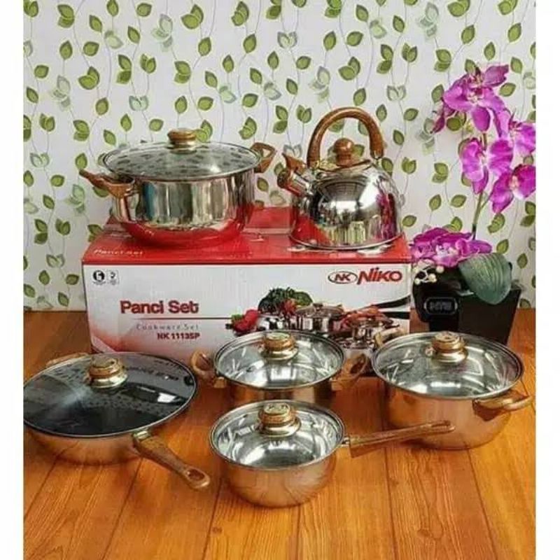 Niko Panci Set Stainless Tutup Kaca / Cookware Set NK - 1113SP