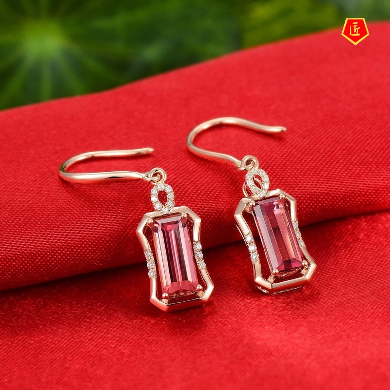 [Ready Stock]New 18K Rose Gold Red Tourmaline Earrings