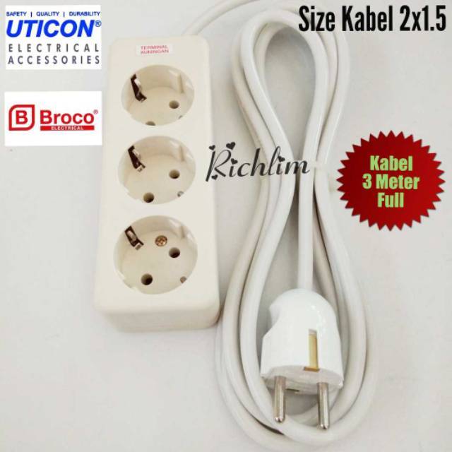 Stop Kontak/Terminal Kabel/Colokan Listrik 3 Lubang Uticon+Steker Arde Broco+Kabel 3 Meter