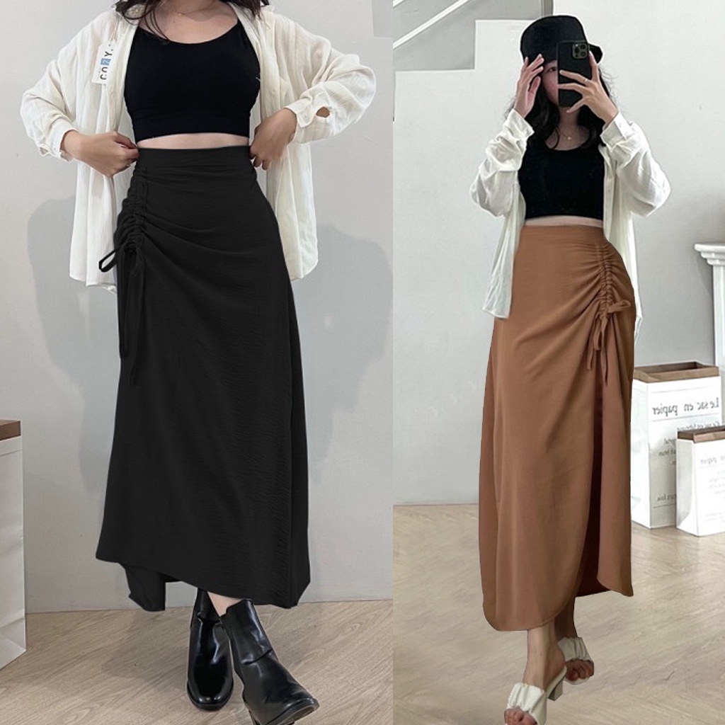 rok skirt korea/rok hitam panjang/rok wanita kekinian/Midi Maxi Skirt/Rok Serut Casual