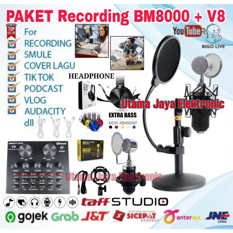 Paket Microphone BM800 Soundcard V8 Stand Meja Pop Filter Home Recording Terbaik