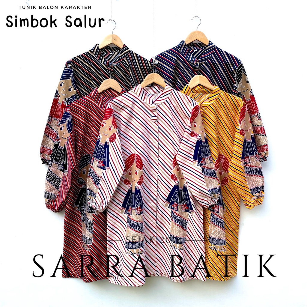 PREMIUM Tunik Simbok Salur Karakter Lengan Balon Kancing Depan Panjang Dress Cantik Murah Katun Motif Boneka Lucu Kekinian Viral Tejo Jamu Busui Friendly Lengan Balon