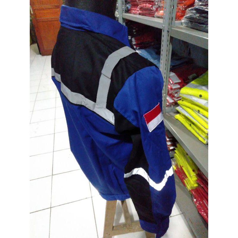 BAJU WEARPAK ATASAN SERAGAM SAFETY BAJU PROYEK BIRU HITAM FREE LOGO SCOTLIGHT PUNDAK FREE LOGO