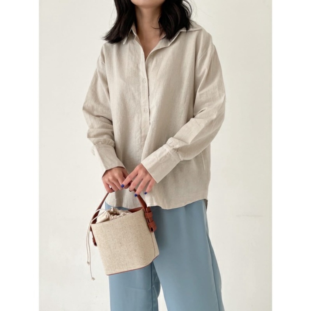 Tq88indonesia Fashion Kemeja Wanita Lengan Panjang / Liza Linen Shirt /  Kem Polos Cewek / Kemeja Putih / Ootd