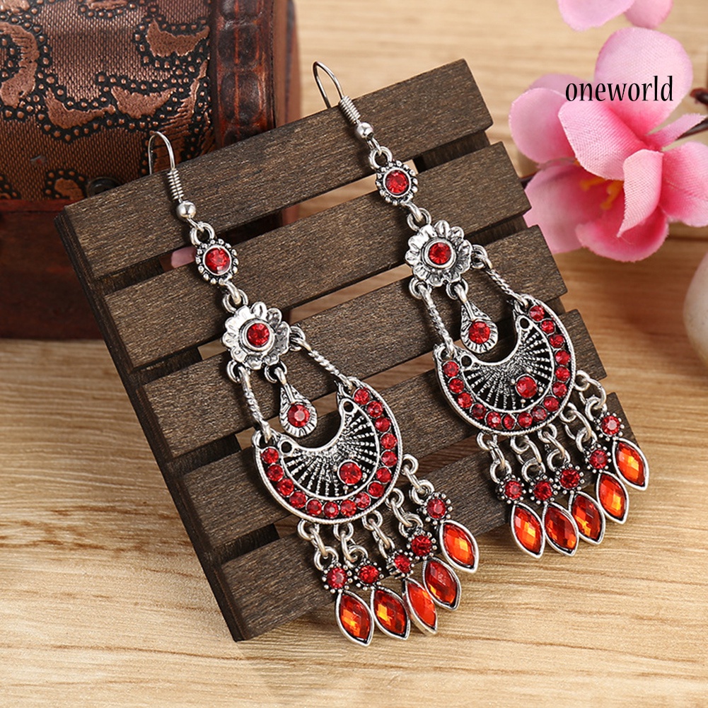 OW# Bohemian Women Rhinestone Crescent Moon Long Fringe Hook Earrings Jewelry Gift