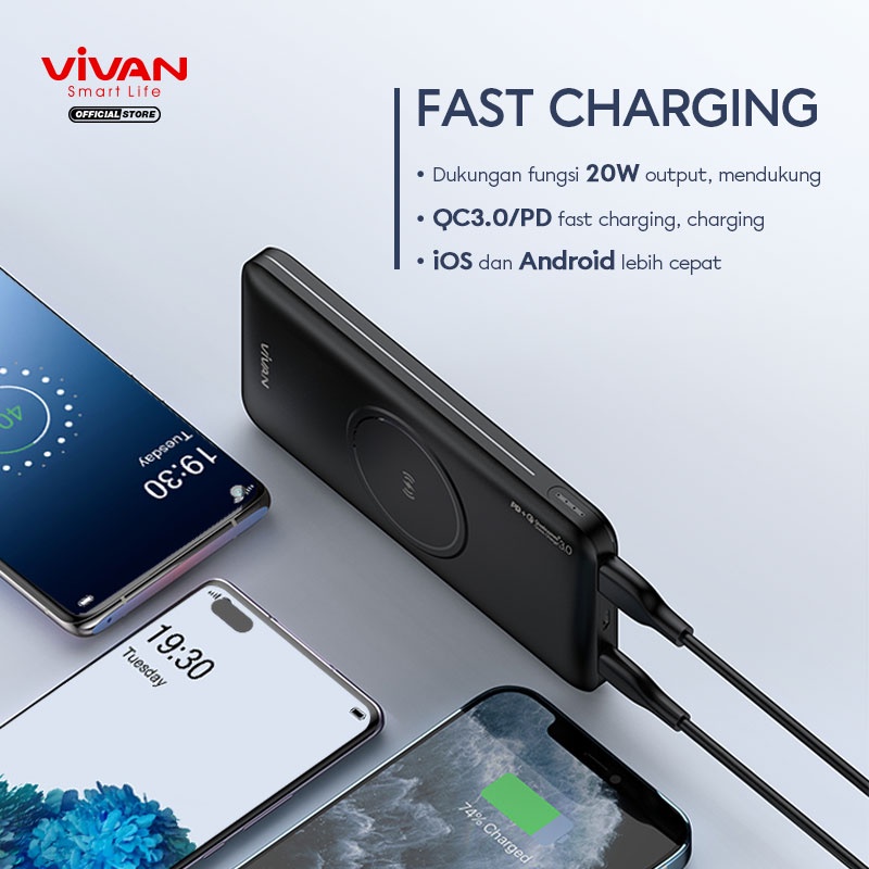 VIVAN Powerbank 10000 mAh VPB-W11 Wireless 3 Output Fast Charging 20W QC3.0 PD Support Semua Type Smartphone-Garansi 1 Tahun