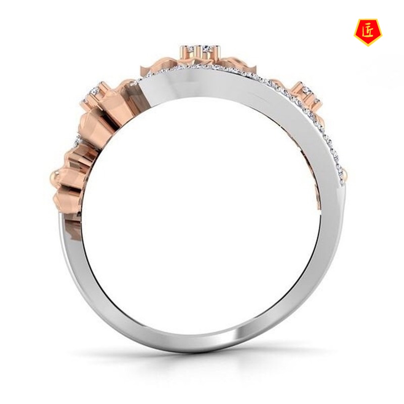 [Ready Stock]Color Separation Ring Female 18K Rose Gold Flower Rhinestone-Embedded Ring