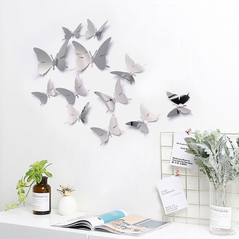 12pcs / set Stiker Dinding Decal Desain Kupu-Kupu 3D Dengan Efek Cermin DIY Butterfly