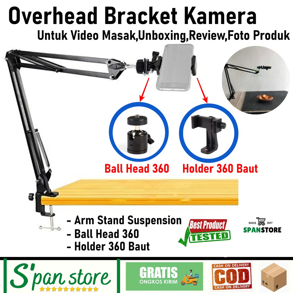 Overhead Bracket Kamera HP Flat Lay Untuk Video Masak, Unboxing, DLL