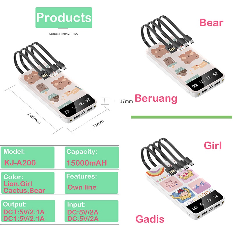 PowerBank 15000mAh Fast Charging Power Bank LED Digital Display Portable Mini PowerBank Built in Cable 5in1 Type C USB Lightning Micro