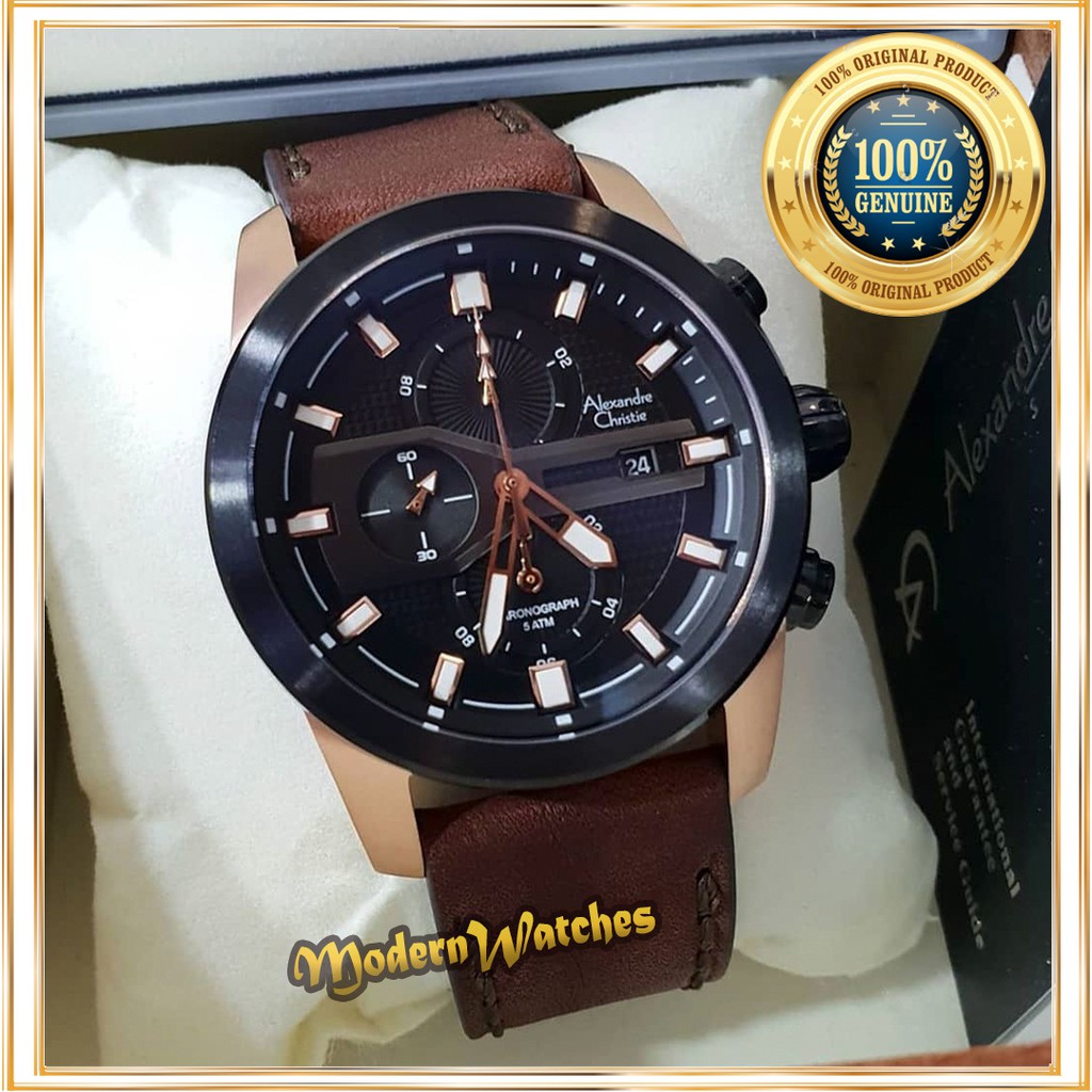Jam Tangan Ori Pria Alexandre Christie AC 6562 6270 Hitam Rosegold Tali Coklat Brown Leather Terlari