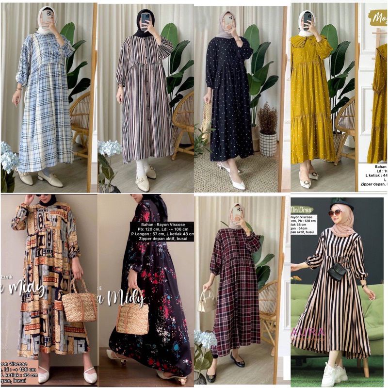 Midi Dress Wanita Long Tunik Blouse Kancing Pattern Garis Salur Ester Moa Fite Wimi Agata Luris Carv