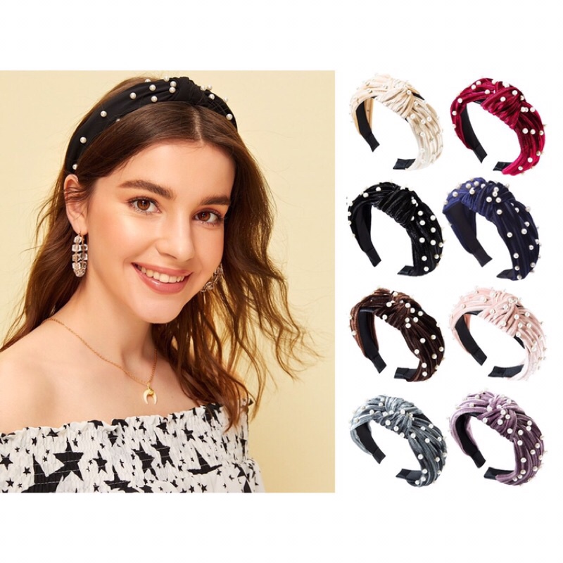 Bando Silang Korea Bahan Velvet Pearl Bandana Silang Korea Mutiara Bludru Velvet Pearl Headband