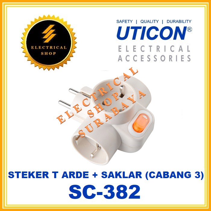 UTICON STEKER T ARDE + SAKLAR SC-382 (GROSIR) SC382 STOP KONTAK CABANG 3 LUBANG TE 2P ORIGINAL