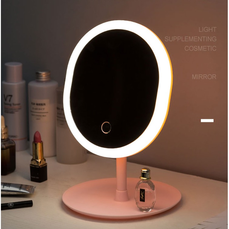 Cermin LED Foldable Kaca Rias Make Up Double Sided Mirror Cermin Make up Meja dengan Lampu LED Touchscreen Rotasi 90 Derajat