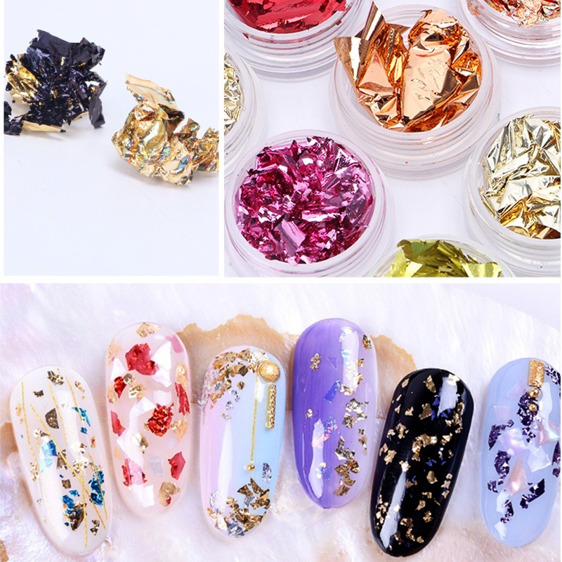 12 Warna / Pak Stiker Kuku Foil Emas Glitter Asimetris Untuk Aksesoris Nail Art / Manicure