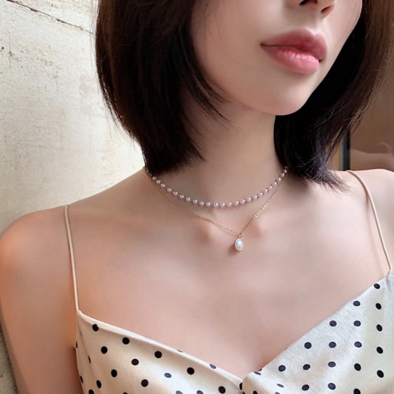 Kalung Choker Rantai Liontin Mutiara Lapisan Ganda Untuk Wanita