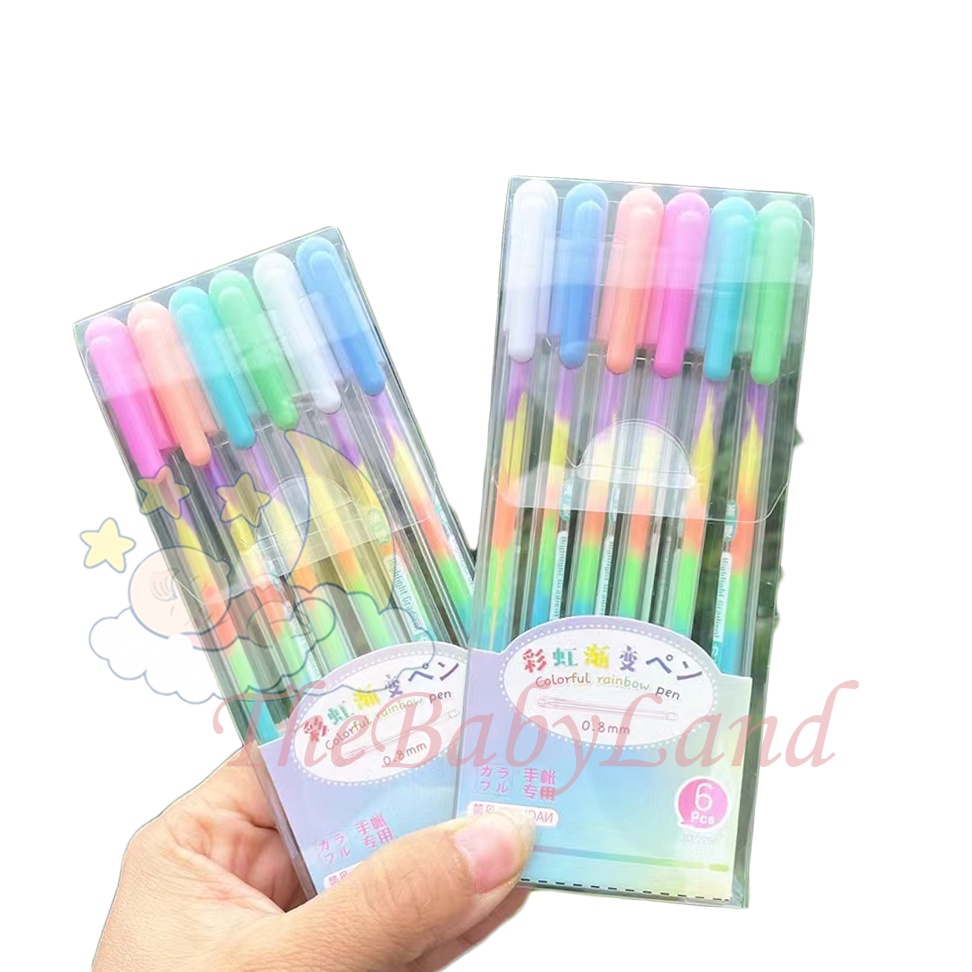 [1KG 26PCS] Babyland Pena Gliter Warna Rainbow / Bolpen Jel Pelangi / Drawing Pen Warna Blink Kotak 6 Pcs