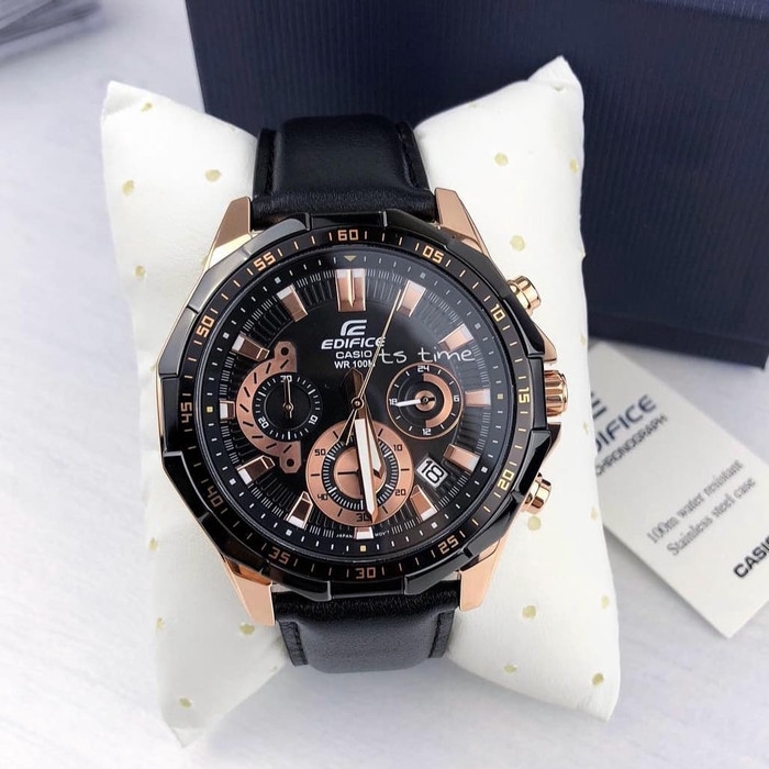 Jam Tangan Pria Casio Edifice EFR-559 Leather Black Rose Gold Ori BM