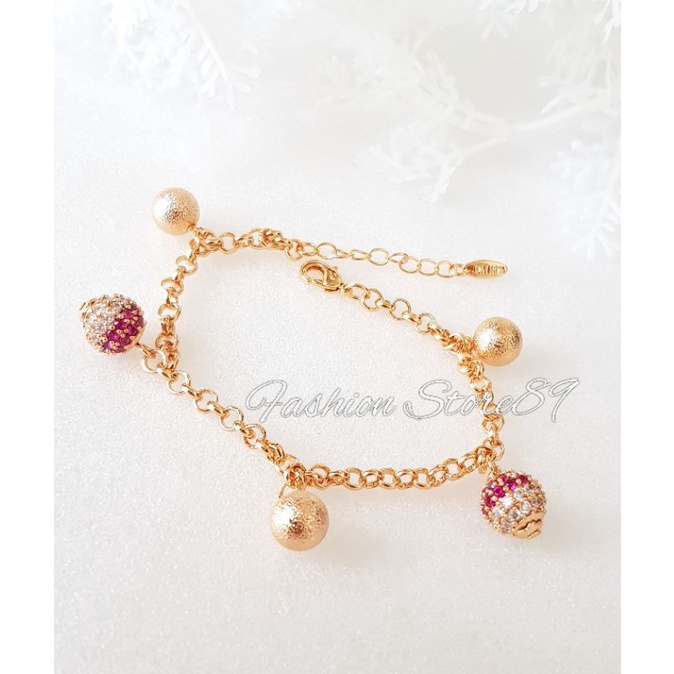 Gelang Bola Permata Pink Elegant Perhiasan Lapis Emas Gelang Jurai Bola Permata pink kombinasi Tercantik Impor Bestquality yaxiya Xuping