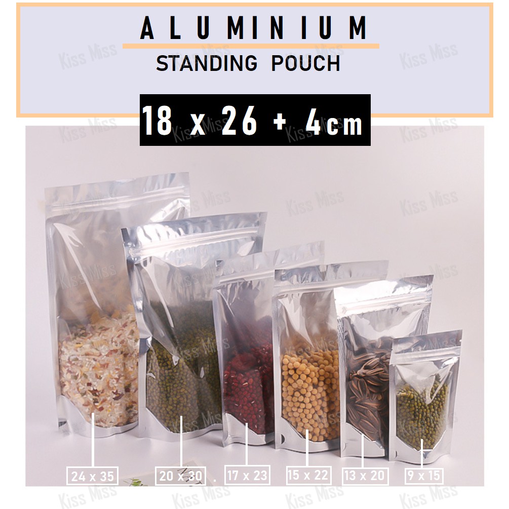 SILVER Aluminium / 18x26 / Standing Pouch / Ziplock / Kemasan Snack / Plastik Klip / Kemasan Kopi