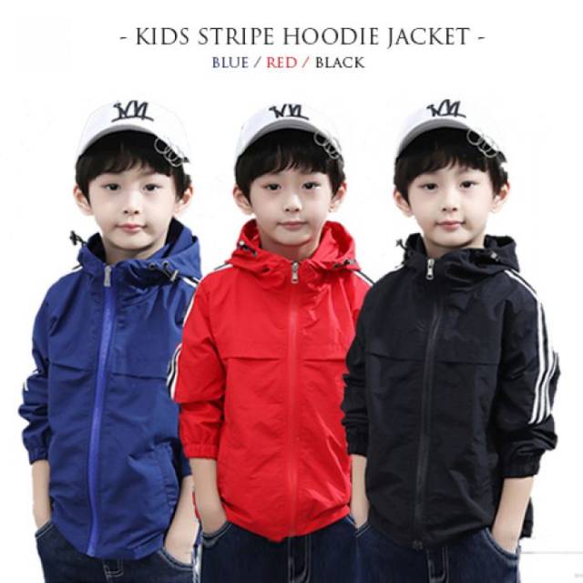 Jaket Parasut Hoodie Garis Adidas Anak Merah Biru Hitam