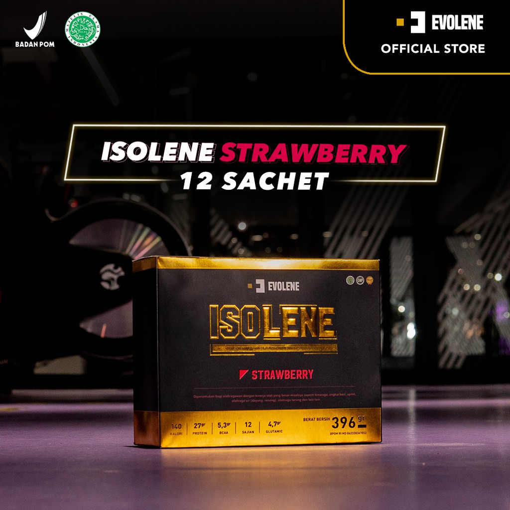 Isolene Strawberry 396gr/12 Sachet Kualitas Premium - Suplemen fitness pembentuk Otot - Defisit kalori - Susu Protein - Suplemen Fitness - Minuman Protein - Suplemen Workout - Whey protein isolate Evolene Evoline Evolen