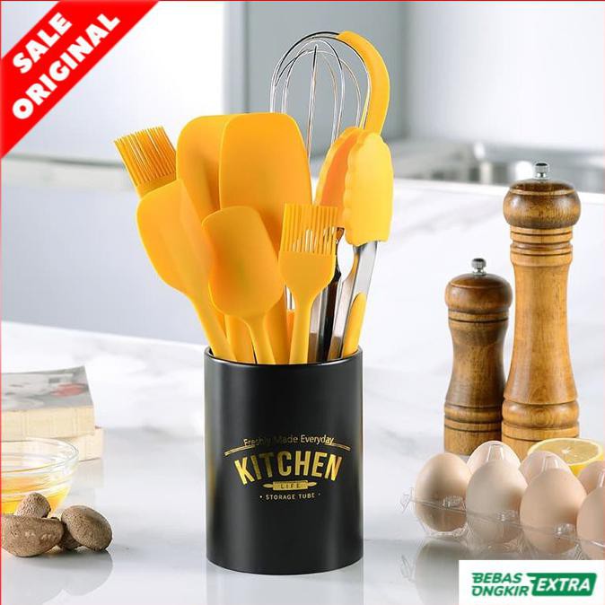 Silicone Utensil Set 8 Pcs / Peralatan Masak Spatula Silikon Kuning Termurah