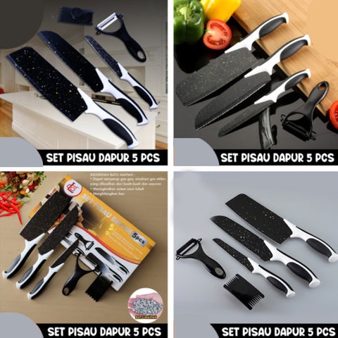 Pisau Set Pisau Dapur Granit, memasak, Batu Meifan Hitam Dapat 5 Pcs [qtop.id]