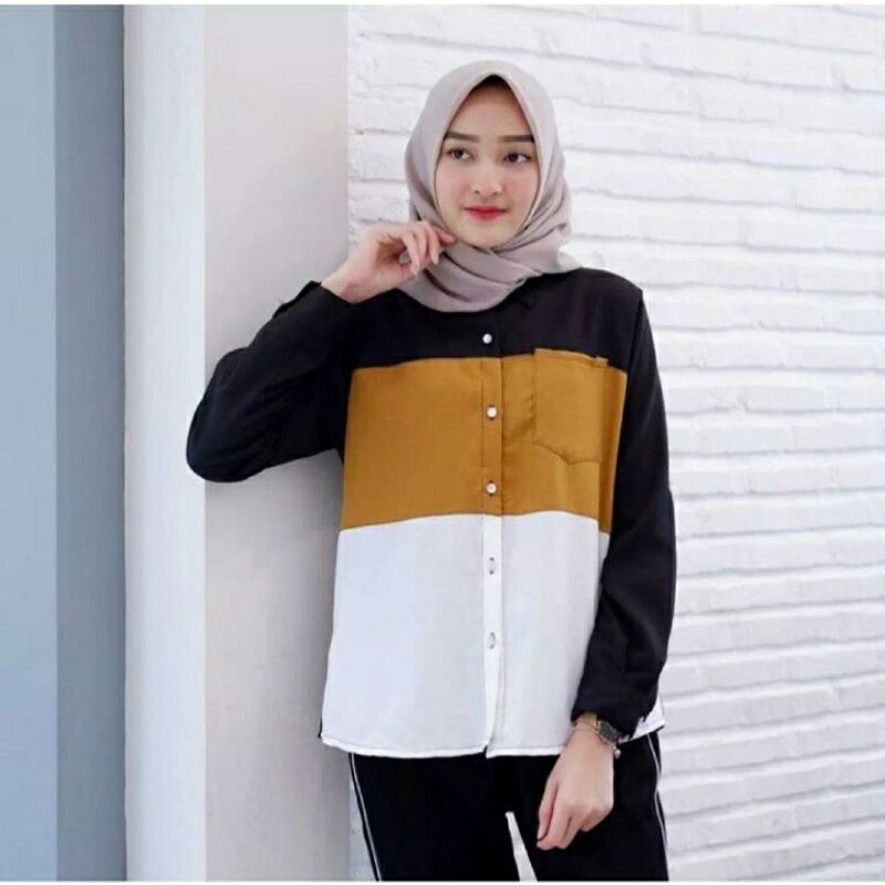 Kemeja Wanita Polos Casual Blouse basic Kombinasi Warna Lengan Panjang Kekinian  Moscrepe 3 warna-Mustrad