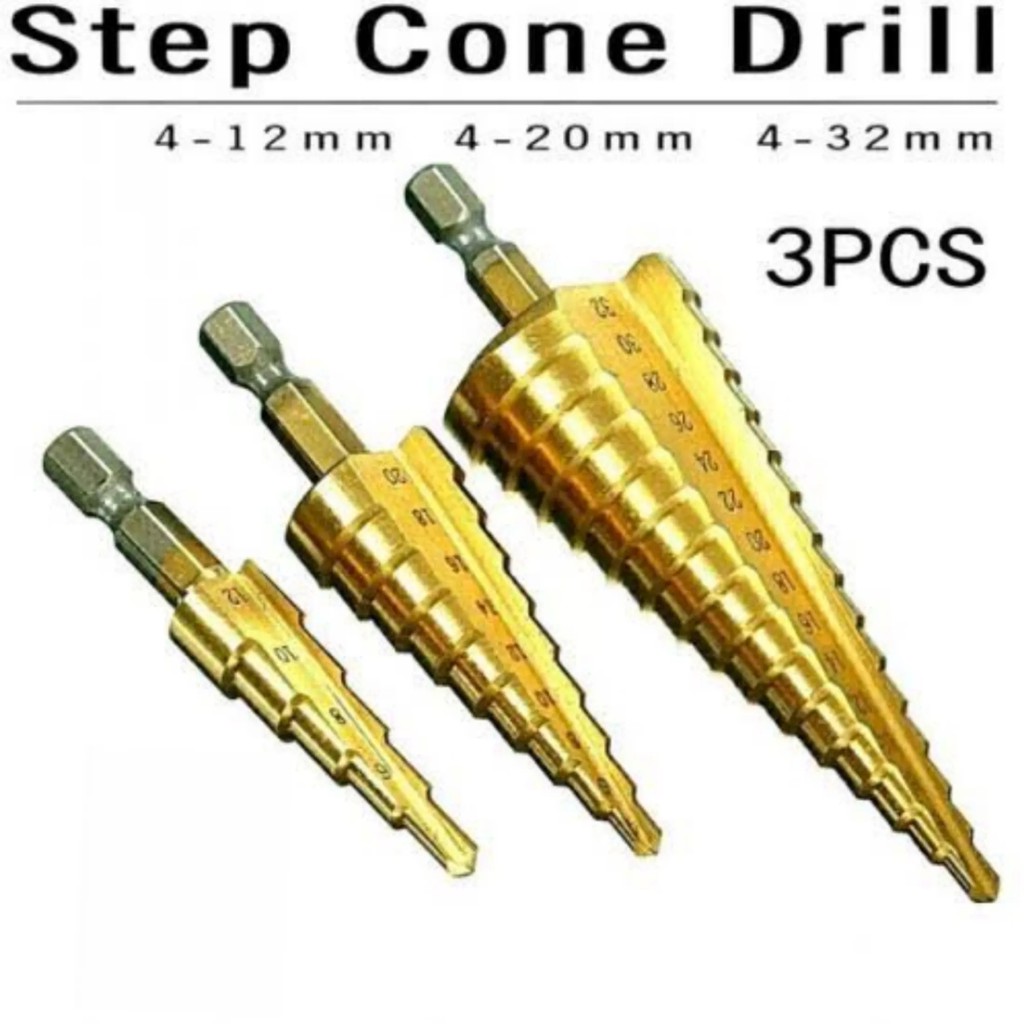 Mata Bor Pagoda Bahan HSS Pemotong Pelubang Lembaran Besi Kayu 3Pcs besi kerucut Cone drill hole saw