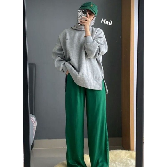 Loose pants highwaist emerald green celana panjang wanita