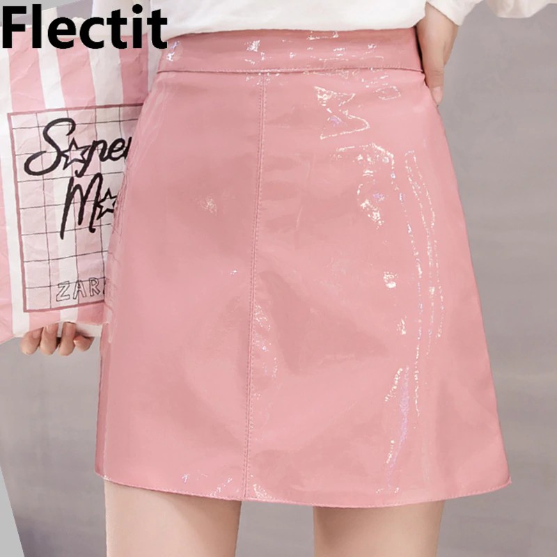 Flectit Black Pink Wet Look Faux Leather Skirt Women High Waist A-Line Mini Latex Skirt