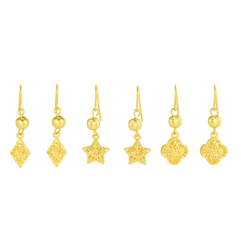 Anting Emas Emas Asli Kadar 375 Hias Liontin Bintang Daun Semanggi Prismatik Model Rongga Untuk Wanita