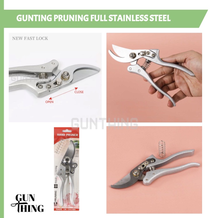 Gunting Pruning Full Stainless Steel / Gunting Dahan Ranting Tanaman Kebun /Gunting Taman Silver Extra Per