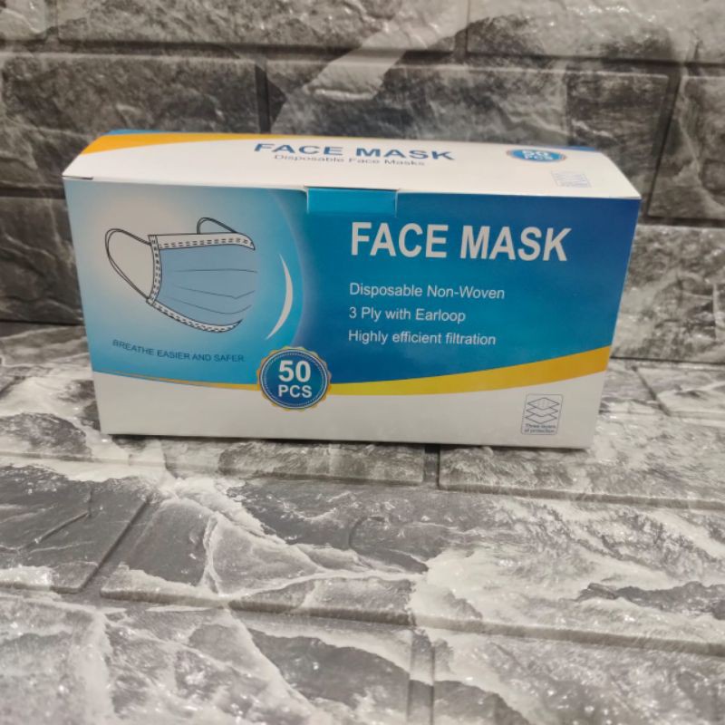 Masker 3 Ply Disposable Mask Non Medis/Non Woven/Ear Loop/Nose Strip  isi 50 pcs