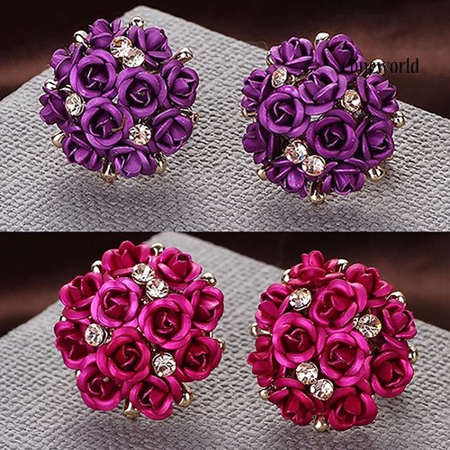 OW@ Women Fashion Elegant Inlaid Rhinestone Blooming Rose Flower Ear Studs Earrings