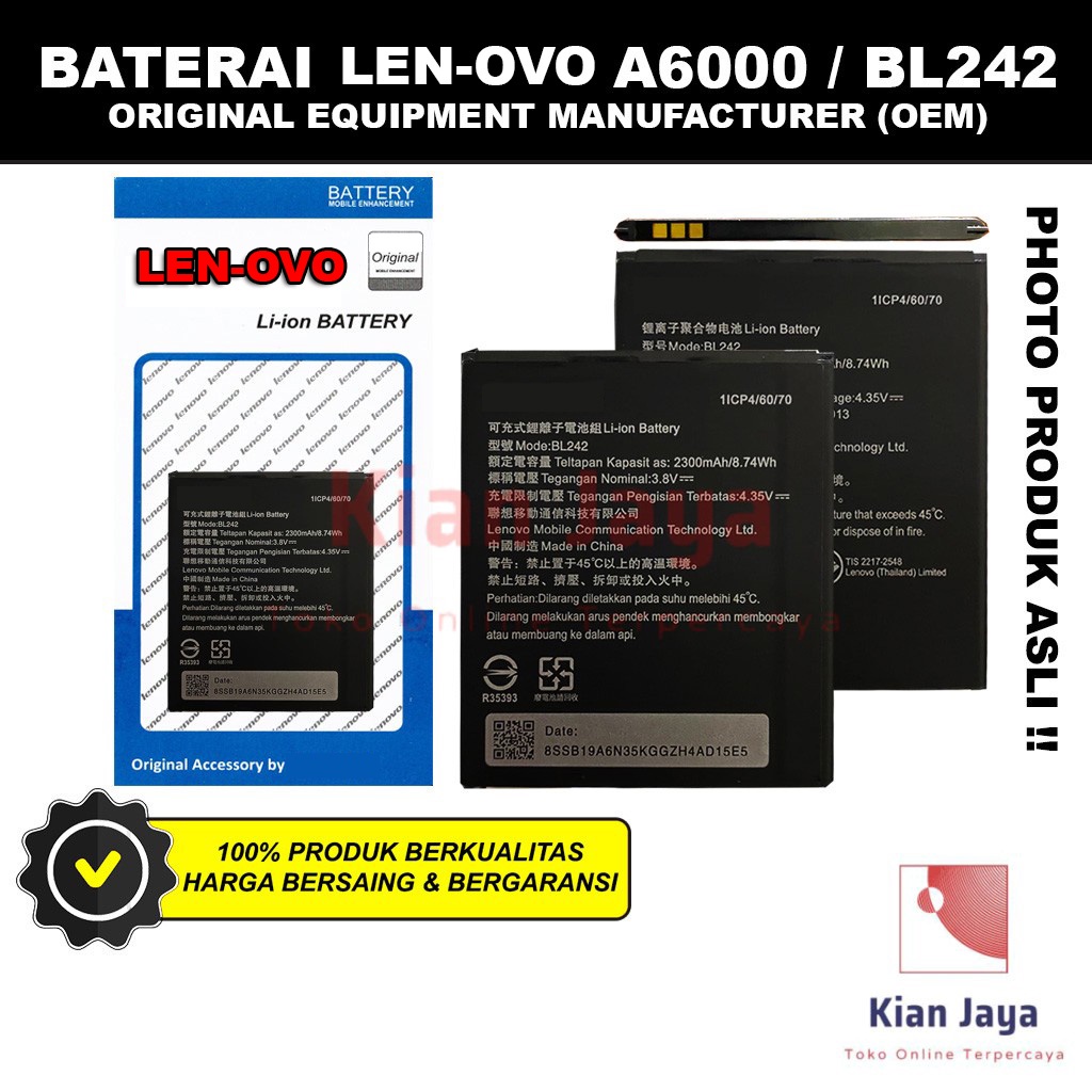 Baterai Hp A6000 / BL242 Original OEM Batre Batrai Battery Hp Ori LEN OVO