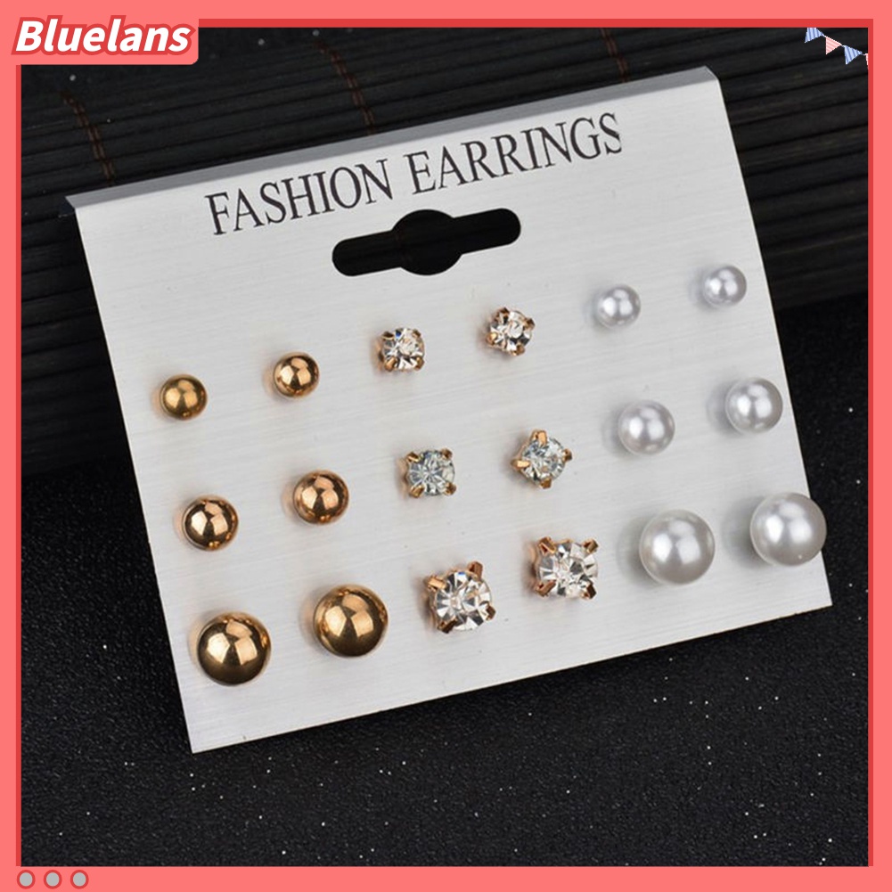 9 Pasang Anting Stud Mutiara Berlian Imitasi Untuk Wanita