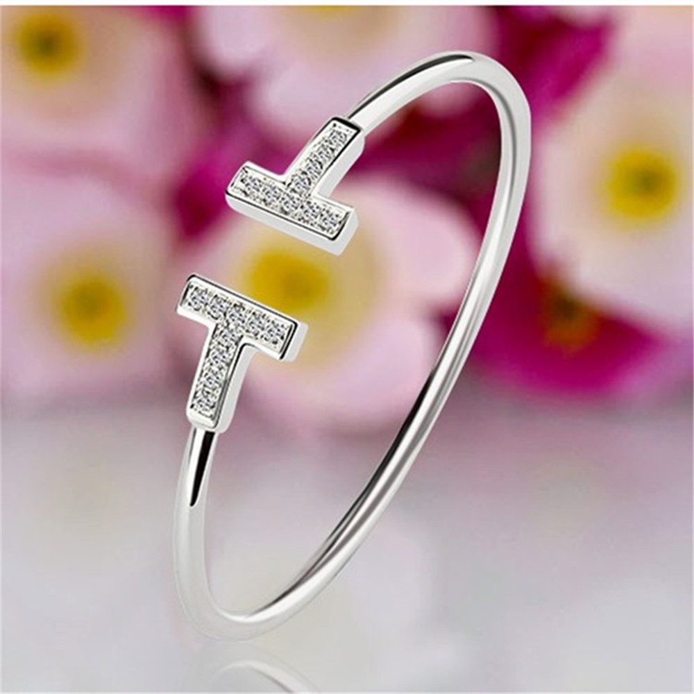 Set Gelang Model Terbuka Desain T Ganda Bahan Zirkon Warna Rose Gold