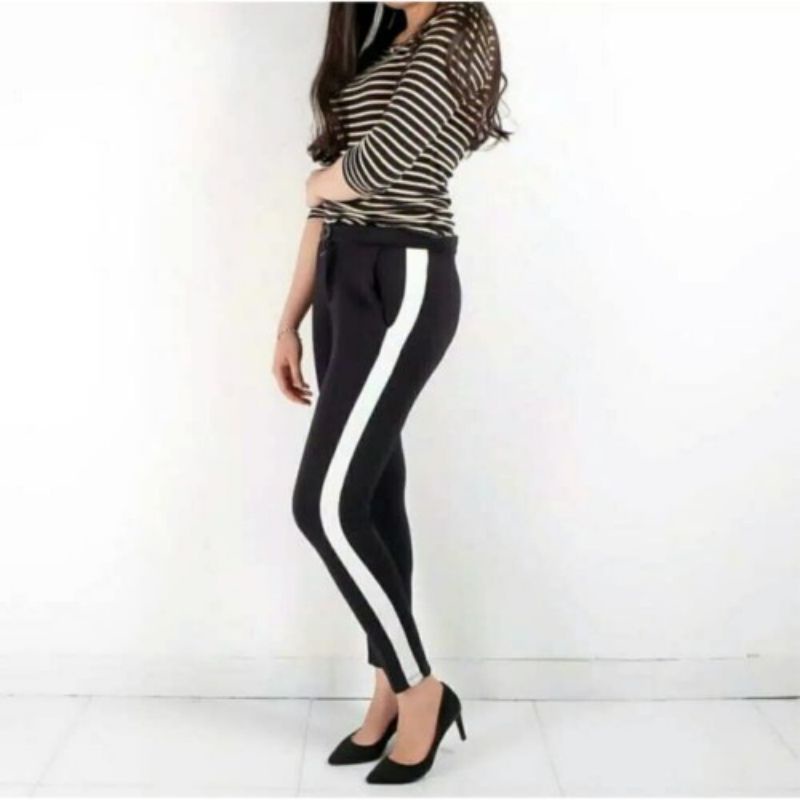 legging Wanita panjang List/strip/line putih jumbo BB 65-85kg